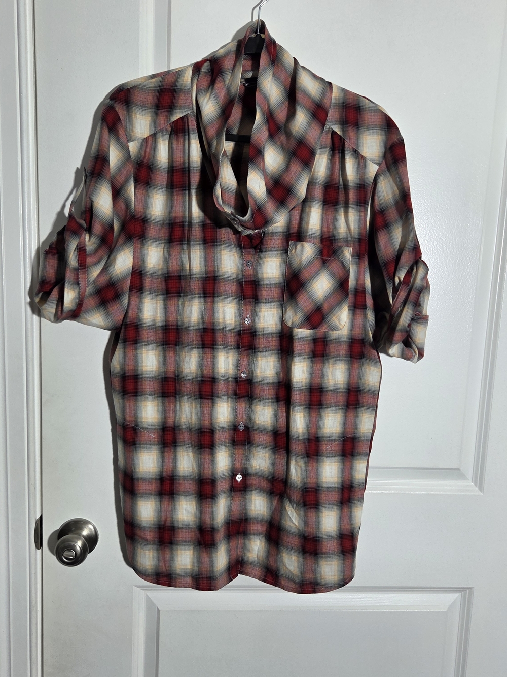 Vince Women's Small Top Plaid Cowl Neck Button Down Cuffed Sleeve Shirt